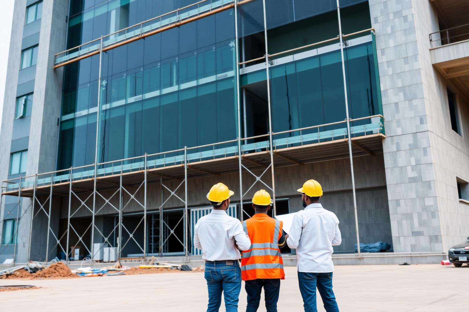 Engineers reviewing drawings outside a commercial building under construction